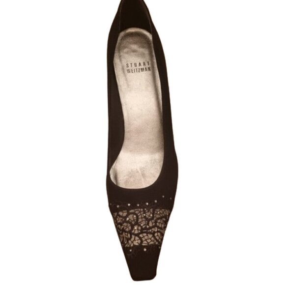 Stuart Weitzman 7.5N Red Carpet Chic black square toe rhinestone kitty heel pump - Picture 3 of 6